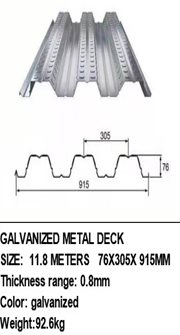 Galvanized Metal Deck (Superfloor) - 0.8mm thick, 11.8 x 1.025 meters.