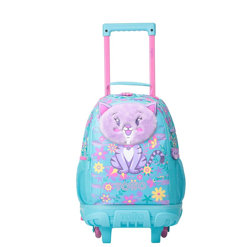 Medium School Backpack With Wheels - Kitten & Flower Print