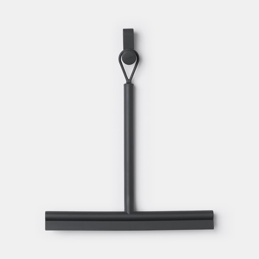 Shower squeegee with door hook in black.