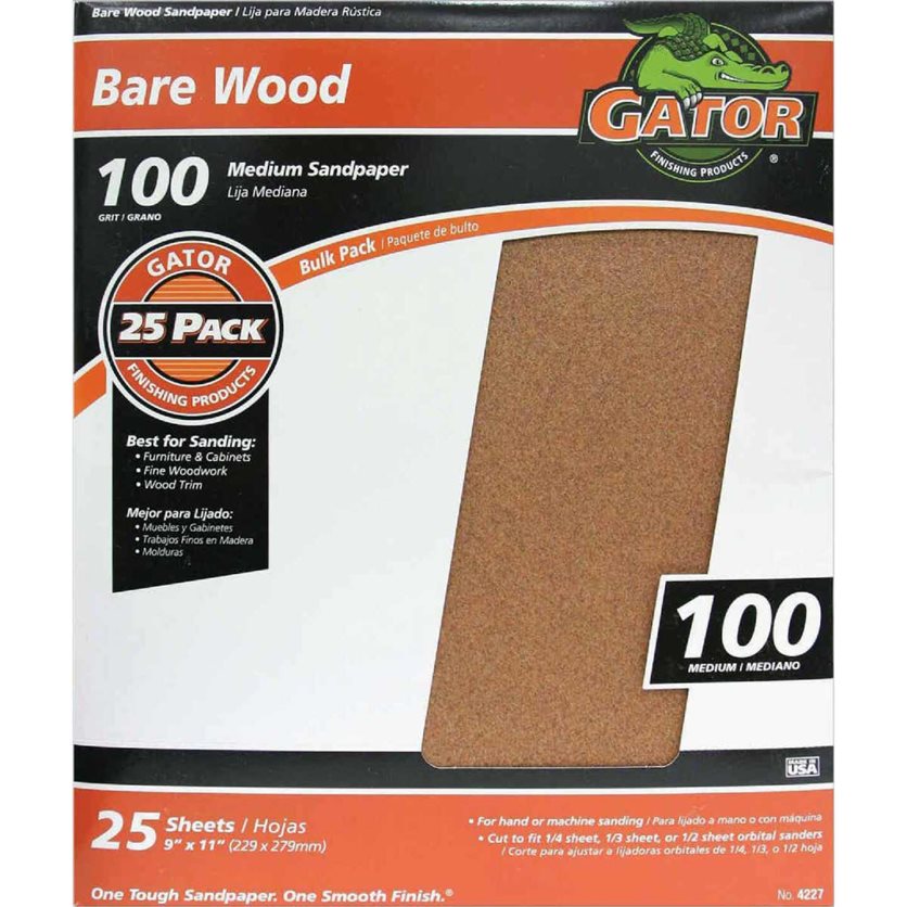 Bare Wood 9 In. x 11 In. 100 Grit Medium Sandpaper (25-Pack)