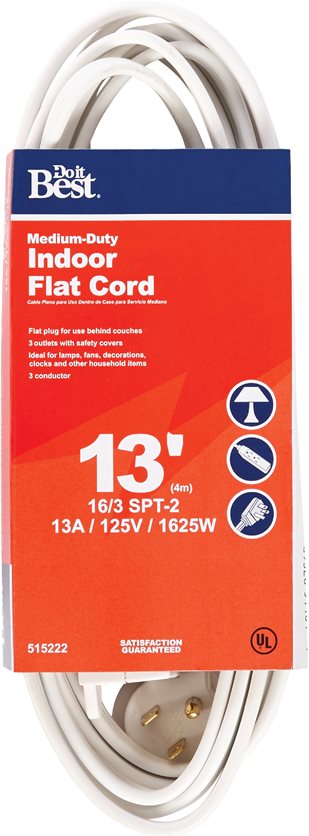 13&apos; 16/3 White Flat Extension Cord