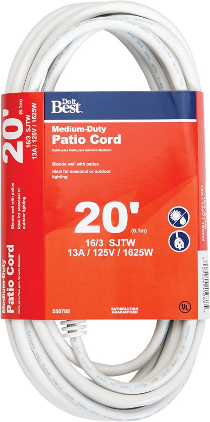 20&apos; 16/3 White Extension Cord - Perfect for your electrical needs.